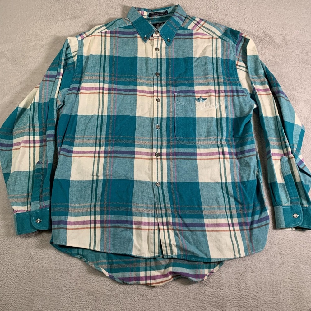 Vintage Levis Dockers Shirt Mens Large Blue Teal‎ Plaid Button Down Long Sleeve